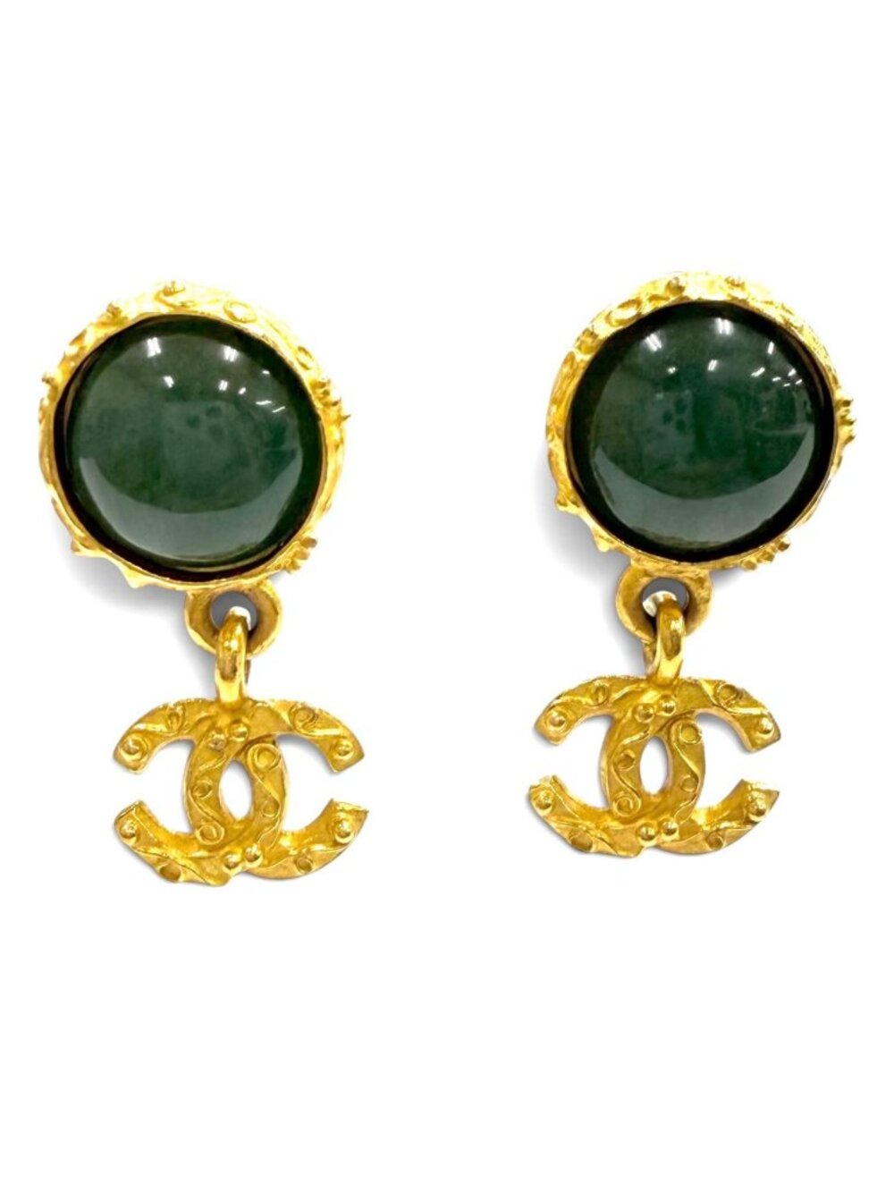 Chanel Vintage 96A Gripoix CC Logo Swing Earrings Green Gold
